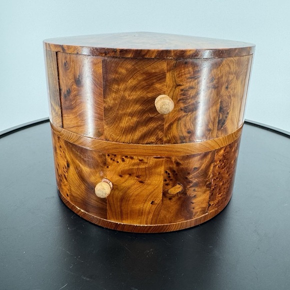 Morocco Jewellery Box Thuya Wood Aromatic Marquetry 2 Drawer Cylinder Drum Heavy - Picture 12 of 14